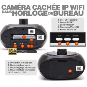Réveil caméra espion IP-Wifi Full HD Motorisée 330°