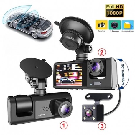 Camera de voiture Dashcam FULL HD 1080P 3 Lens Avant, intérieur et arrière - Camera Embarquée